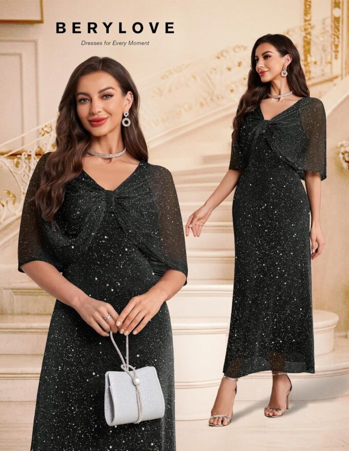 BeryLove Women Sequin Formal Party Dress Cocktail Evening Gown Wedding Dresses with Shawl – Bild 2