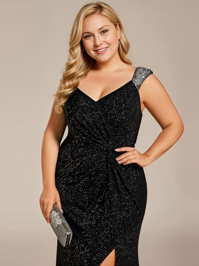 Ever-Pretty Plus Women's V Neck Pleated Bodycon Glitter Side Slit Sleeveless Floor Length Plus Size Wedding Guest Dresses – Bild 5