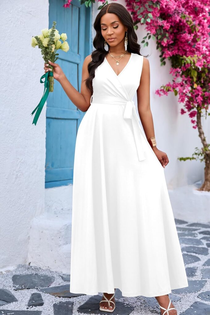 FANDEE Women Summer Semi-Formal Maxi Sleeveless Empire Waist V Neck A-Line Flowy Waist Belted Casual Vacation Cocktail Dress – Bild 5