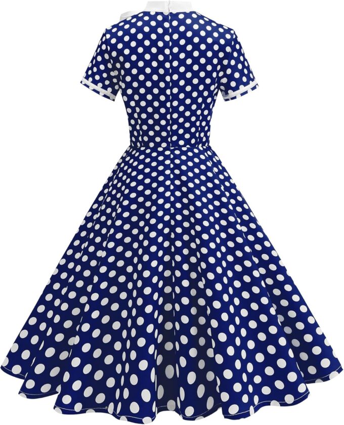 50s Style Dresses for Women Vintage Polka Dot Short Sleeve Tie Neck Swing Dress Midi Prom Retro 1950s Dress – Bild 3