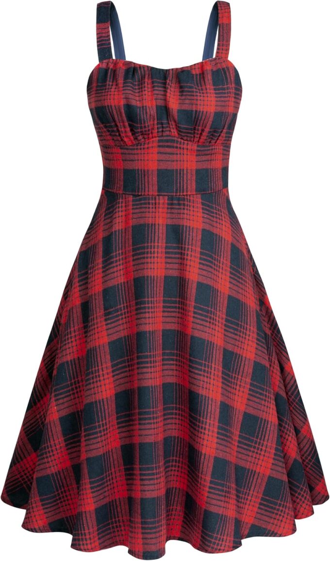 Belle Poque Vintage Sleeveless Plaid Spaghetti Strap Dresses 1950s Sweetheart Neck Gingham A-line Cocktail Midi Dress