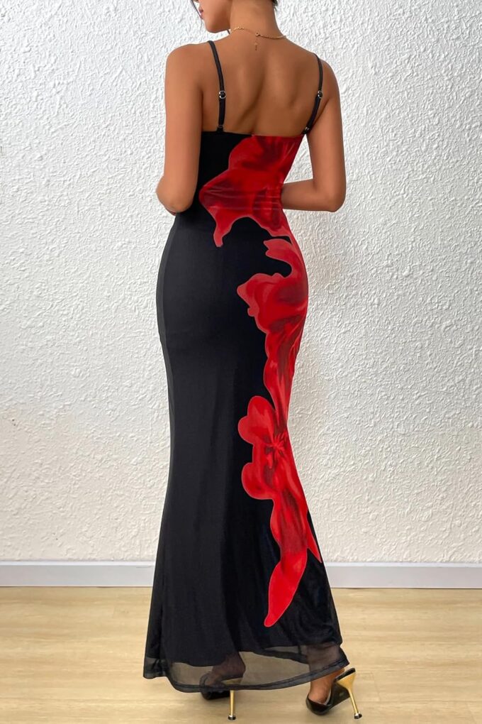 PRETTYGARDEN Womens Summer Dresses 2025 Elegant Spaghetti Straps Evening Gown Floral Print Bodycon Maxi Mesh Sundress – Bild 5