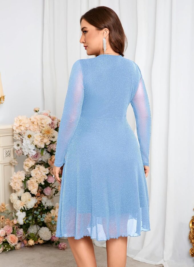 ZOMVA Plus Size Sparkly Mesh Dress A Line V Neck Wrap Short Glitter Dresses Wedding Guest Cocktail Evening Party – Bild 4