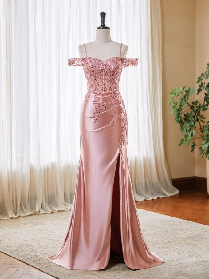 Mermaid Satin Prom Dresses 2025 Lace Applique Off Shoulder Formal Evening Gown with Slit – Bild 7