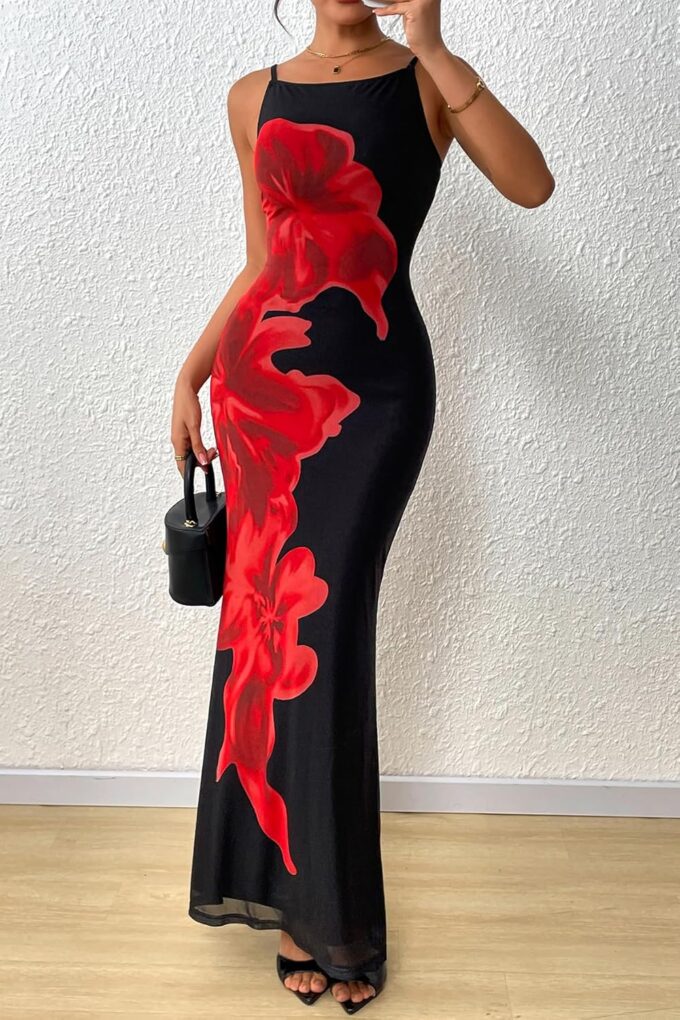 PRETTYGARDEN Womens Summer Dresses 2025 Elegant Spaghetti Straps Evening Gown Floral Print Bodycon Maxi Mesh Sundress – Bild 2