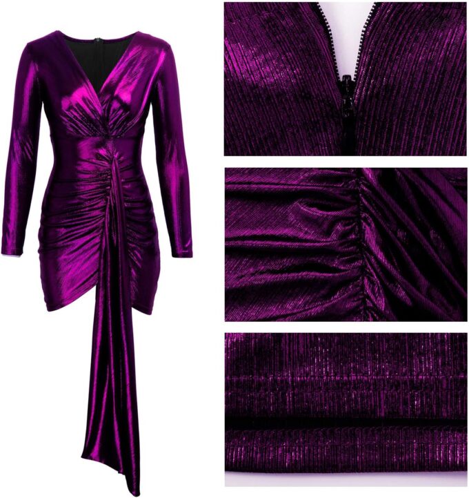 BestGirl Women's Sexy Dress Deep V Neck Long Sleeve Ruched Sparkly Bodycon Club Mini Dresses – Bild 3