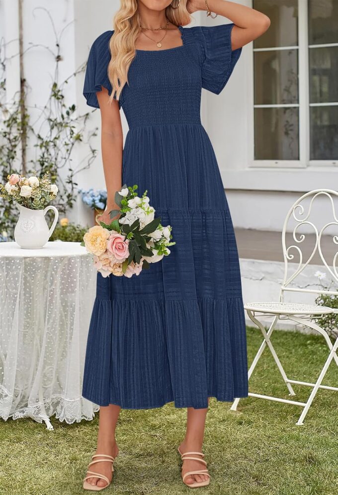 MEROKEETY Women's 2025 Summer Flowy Midi Maxi Dress Short Sleeve Square Neck Smocked Tiered Ruffle Boho Dresses with Pockets – Bild 4