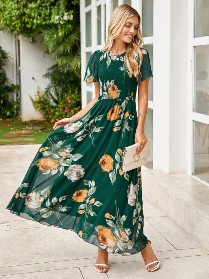 Simplee Womens Summer Floral Casual Maxi Dresses Flutter Short Sleeve Crew Neck Smocked Chiffon Boho Flowy Dress – Bild 2