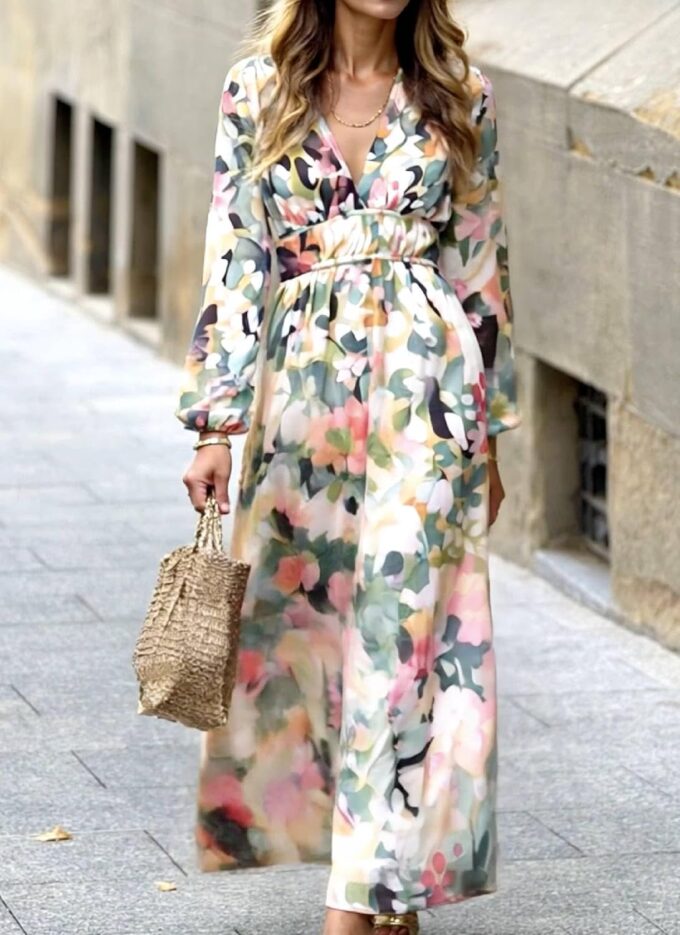 LOZ Women's Summer Dress Puff Sleeve V-Neck Multicolor Floral Maxi Dresses 2025 Long Sleeves Elegant Wedding Guest Dress – Bild 2