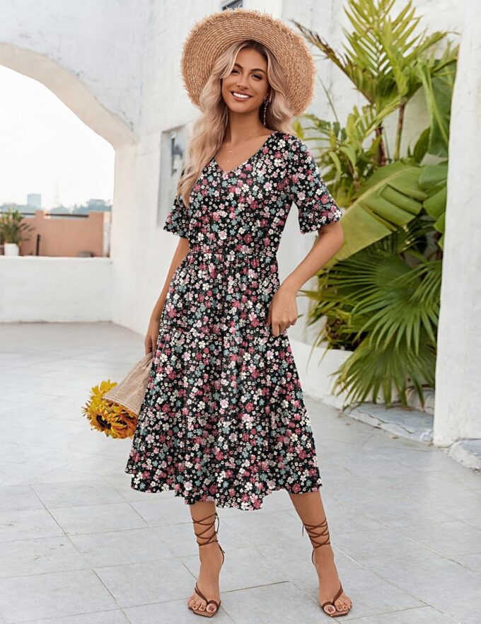 Zeagoo Women's Summer Dresses Midi Tiered Casual Dress Floral V Neck Ruffle Short Sleeve Flowy Beach Dress with Pockets – Bild 4