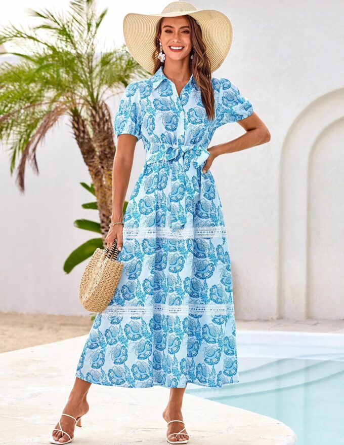 GRACE KARIN Women's 2025 Summer Floral Flowy Dresses Boho Tie Belt Short Puff Sleeve A Line Maxi Shirt Dress with Pocket – Bild 5