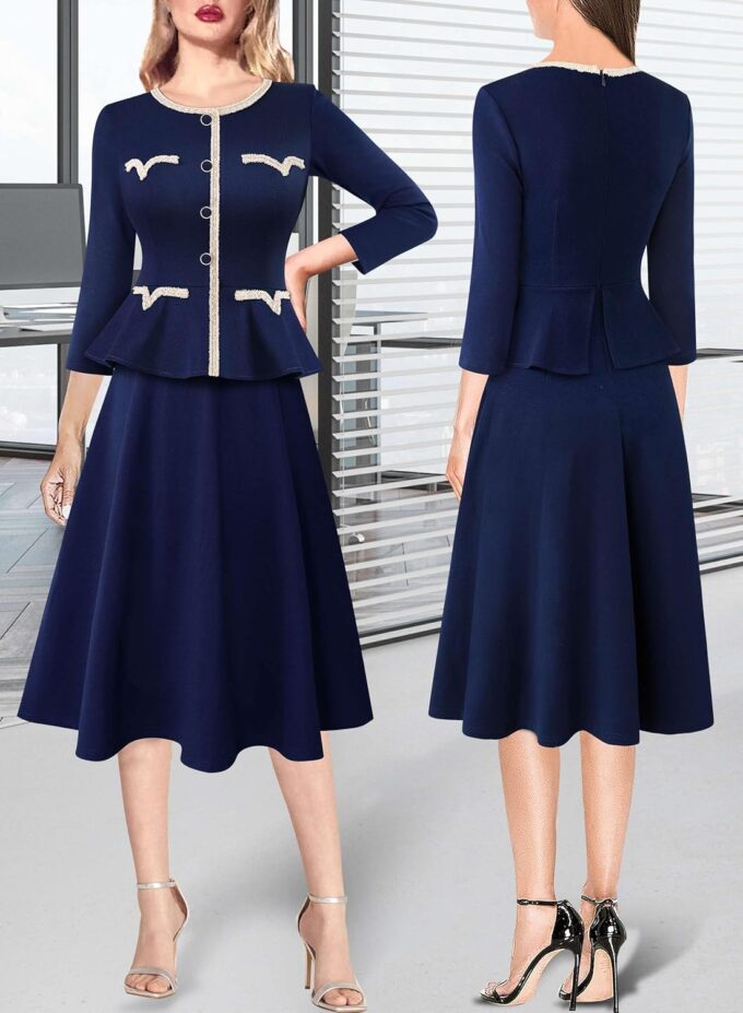 VFSHOW Damenkleid, 2024, für Herbst und Arbeit, Business, Knöpfe, Schößchen, Büro, schlankmachend, Rundhalsausschnitt, Patchwork, A-Linie, ausgestelltes Kleid – Bild 2