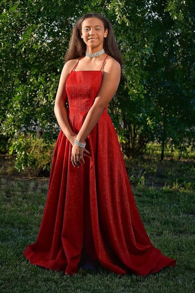 yinyyinhs Glitter Satin Prom Dresses for Women 2025 Spaghetti Straps A-Line Slit Evening Formal Ball Gowns with Pockets – Bild 3