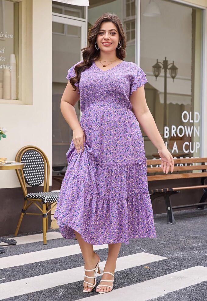 Keluummi Plus Size Summer Maxi Wedding Guest Dress for Curvy Women, Boho A Line Long Sundress, Flutter Sleeve, Pocket – Bild 3