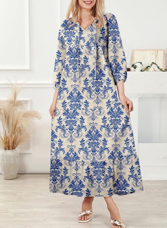 Dokotoo Women Boho Maxi Dresses 2025 V Neck Long Puff Sleeve Smocked Ruffle Flowy Casual Dress – Bild 3