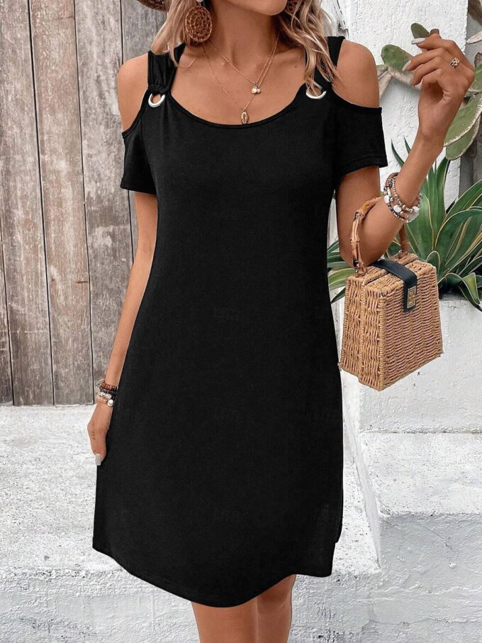 Womens Casual Summer Scoop Neck Dress Trendy Sexy O Ring Cold Shoulder Flowy Short Dress with Pockets – Bild 2