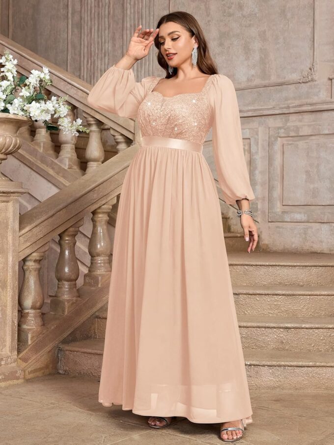MISSMAY Women's Plus Size Sequin Lace Square V Neck Sheer Long Sleeves Formal Evening Chiffon Long Dress – Bild 4