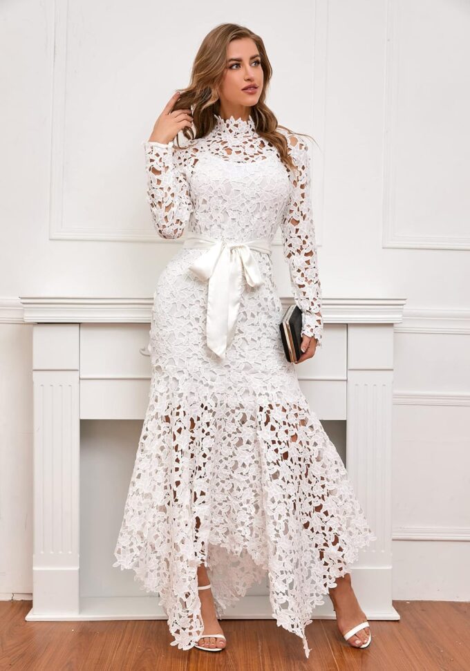 IWFEV Hollow Lace Maxi Dress - Floor-Length Lace-Up Asymmetrical Elegant Long Dress – Bild 4
