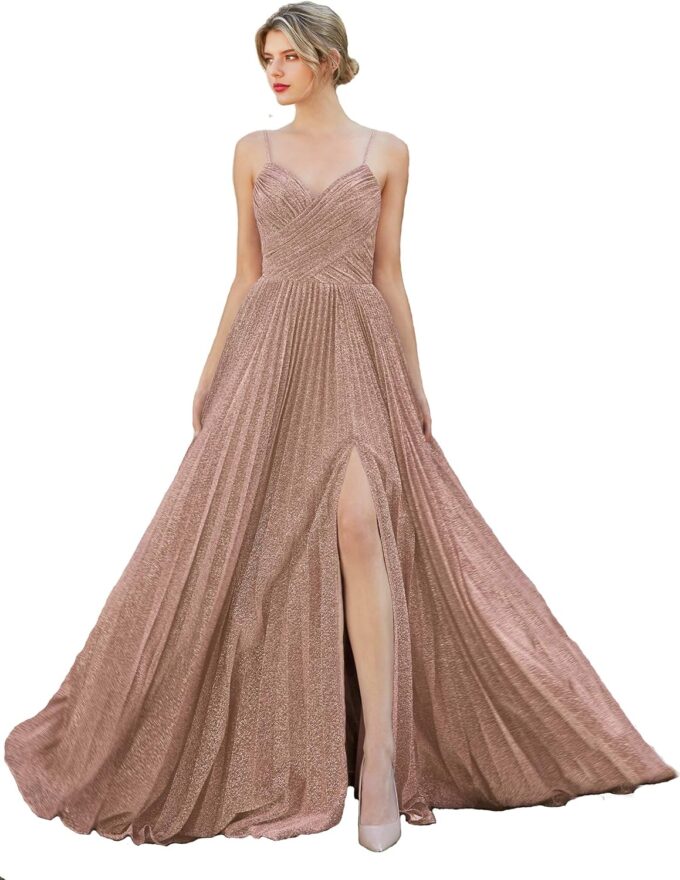 Meier Women's Metallic Glitter Pleated Long Prom Formal Dress