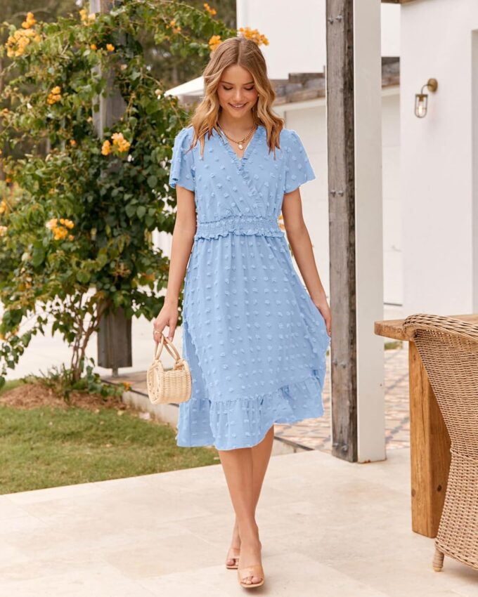 BTFBM Women Short Sleeve V Neck Swiss Dot Midi Summer Dresses 2024 Boho Ruffle Long Dresses Ruffle Wedding Guest Dress – Bild 8