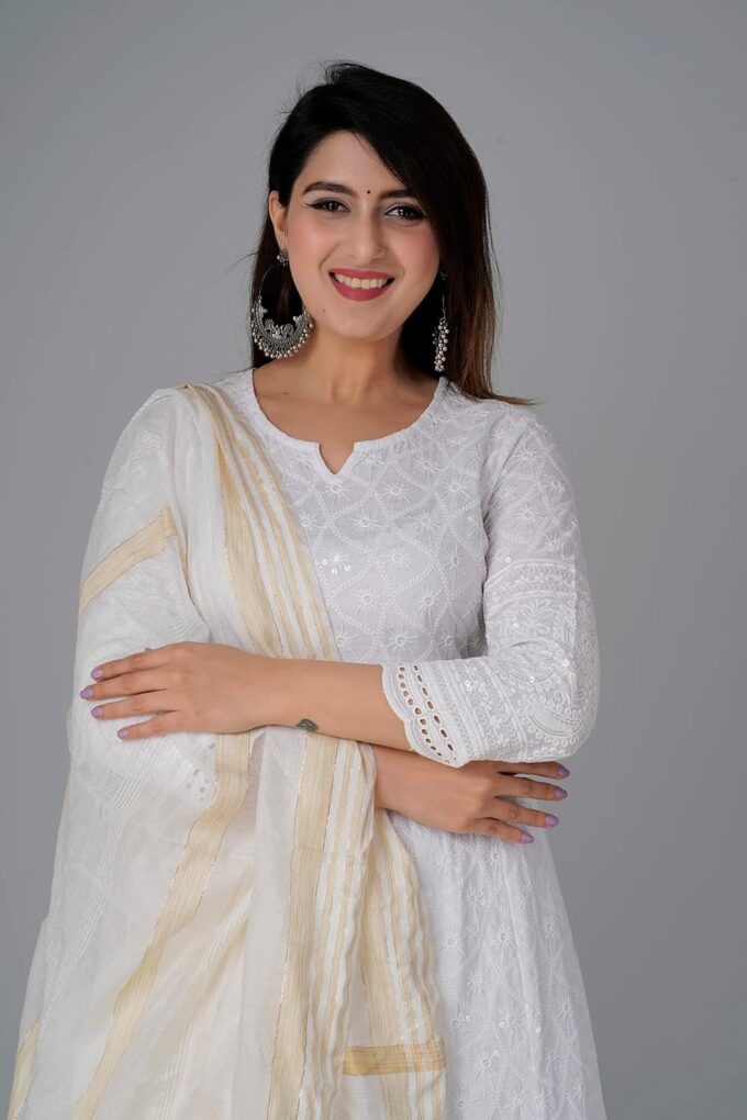 JG JAI GOVINDAM Chikankari Cotton Anarkali Indian Kurti For Women Summer Dress Kurta Pant With Dupatta Set Pakistani Kurta – Bild 5