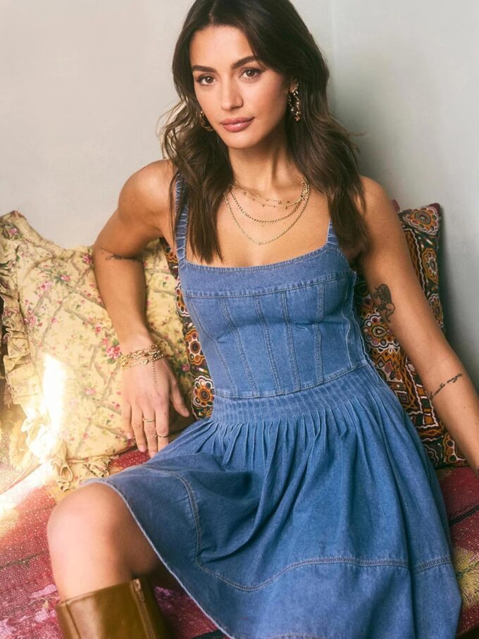 Beautiful Nomad Women's Sleeveless Strap Casual Denim Dress Waist Tucks Bodycon Corset Tube Mini Dress – Bild 5