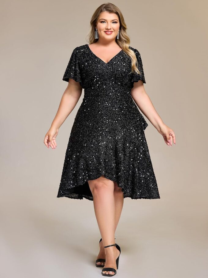 Ever-Pretty Plus Women's V Neck Short Sleeves A-line High Low Sequin Plus Size Formal Wedding Guest Dresses – Bild 5