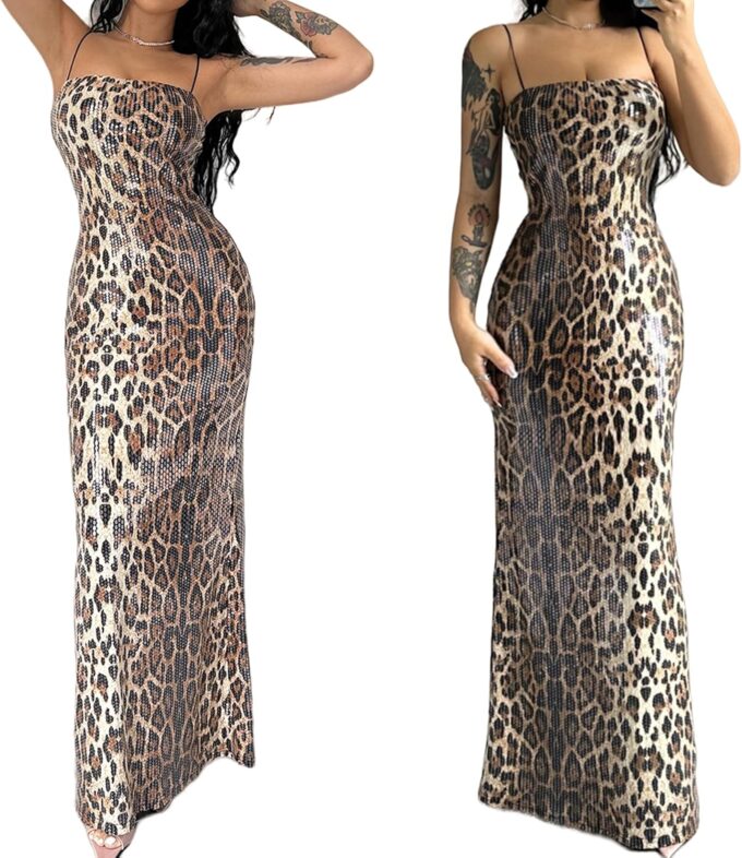 BOLLEY JOSS Women's Leopard Print Sequin Maxi Dress Glitter Sexy Bodycon Sleeveless Long Dress – Bild 2