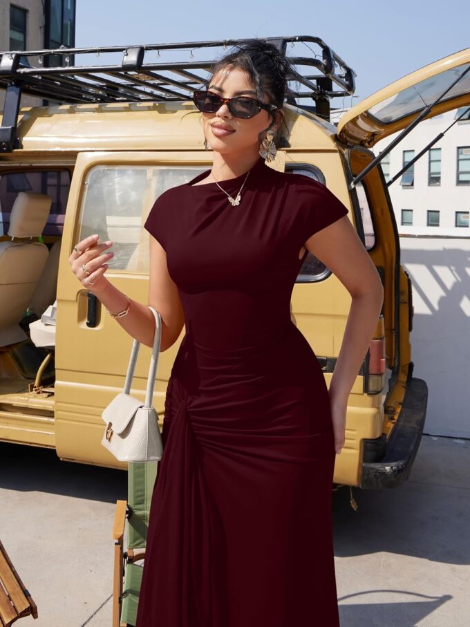 YMDUCH Women's Casual Short Sleeve Boat Neck Ruched High Split Bodycon Long Party Dress – Bild 3