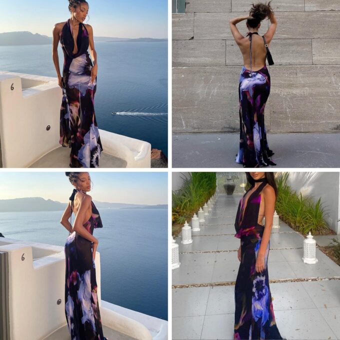 Women's Sexy Purple Print Backless Maxi Dress Elegant Sleeveless Draped Cowl Neck Bodycon Summer Beach Cocktail Party Dress – Bild 4