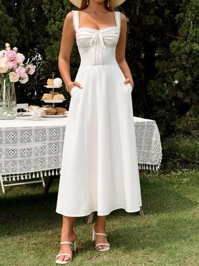 KUTUMAI Floral Corset Midi Dresses for Women 2025 Lace Up Flowy Summer Wedding Guest Dress with Pockets – Bild 2