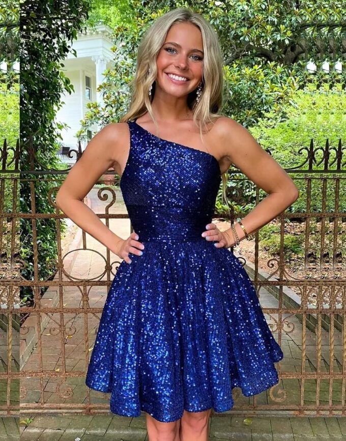 One Shoulder Short Sequin Homecoming Dresses for Teens 2024 Sparkly HOCO Prom Dress with Pockets – Bild 3