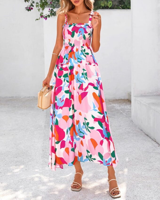 PRETTYGARDEN Womens Summer Dresses 2025 Casual Spaghetti Strap Ruffle Smocked Flowy Floral Print Maxi Dress with Pockets – Bild 8