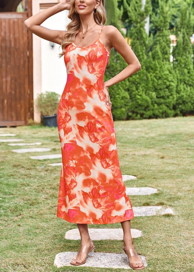 Angashion Womens Summer Dresses - Floral Spaghetti Strap Stretch Bodycon Maxi Dress Sexy Backless Slip Long Dresses – Bild 3