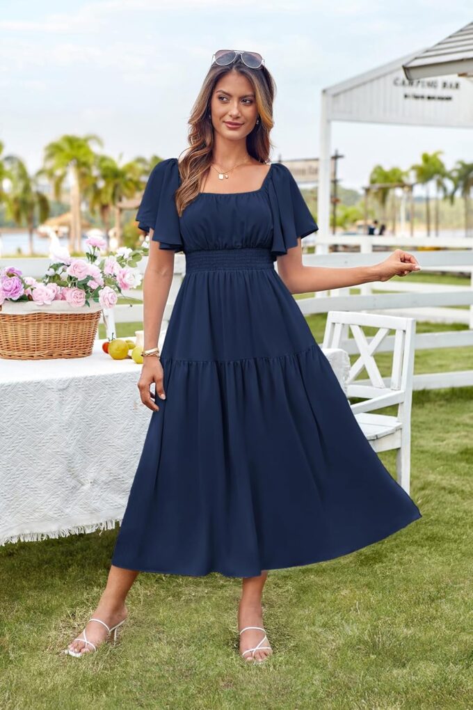 GRACE KARIN Women's Summer Short Sleeve Square Neck Smocked Waist Casual Vacation Tiered Flowy Maxi Dress – Bild 3
