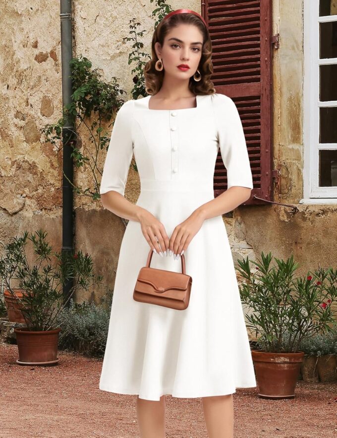Bbonlinedress Vintage Cocktail Dress Women Formal Wedding Guest Church Modest Square Neck Tea Dress with 3/4 Sleeve – Bild 3
