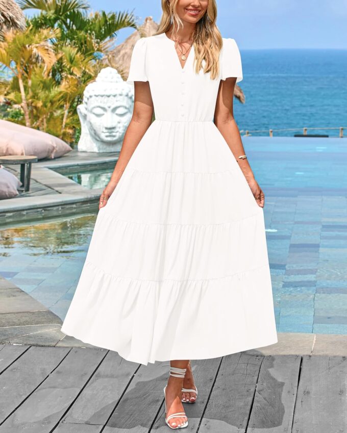 PRETTYGARDEN Women Summer Midi Dresses 2025 Casual Short Sleeve V Neck Belted Tiered Ruffle Vacation Dress with Pockets – Bild 3