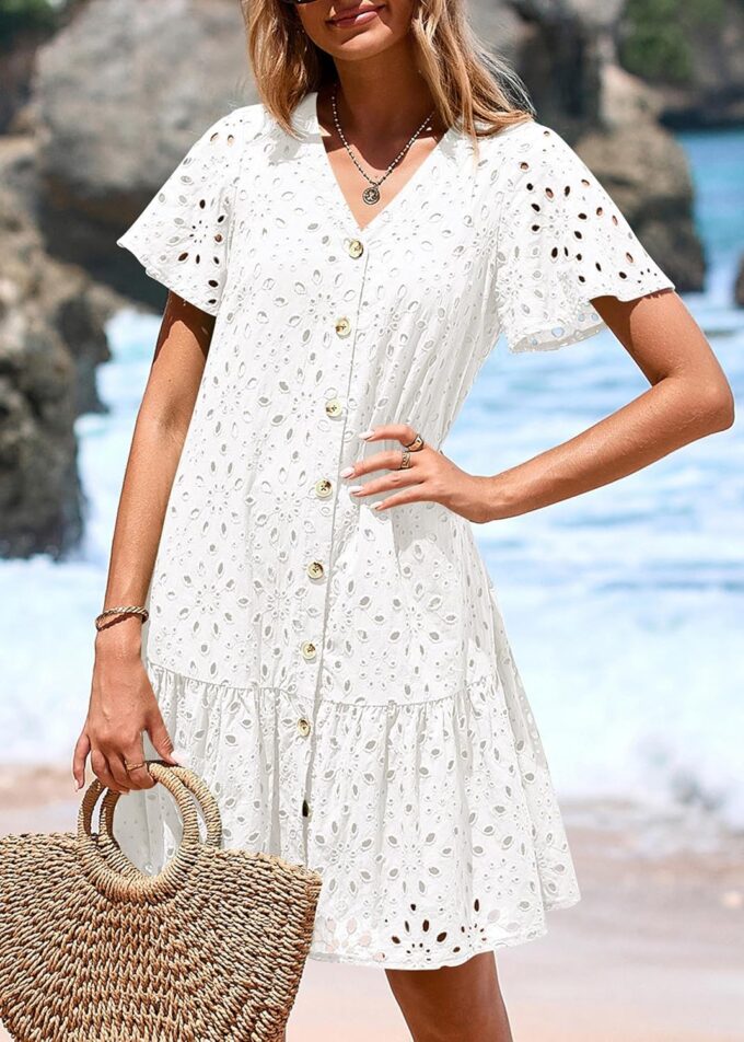 KIRUNDO Summer Dresses for Women 2025 Eyelet Button Down V Neck Short Sleeve Hollow Out A Line Loose Mini Babydoll Dress – Bild 3