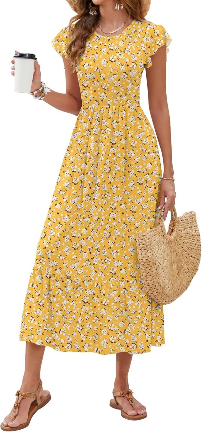 AUSELILY Womens Summer Maxi Dresses 2025 Casual Ruffle Sleeve Crewneck Loose Flowy Tiered Beach Sundress with Pockets – Bild 2