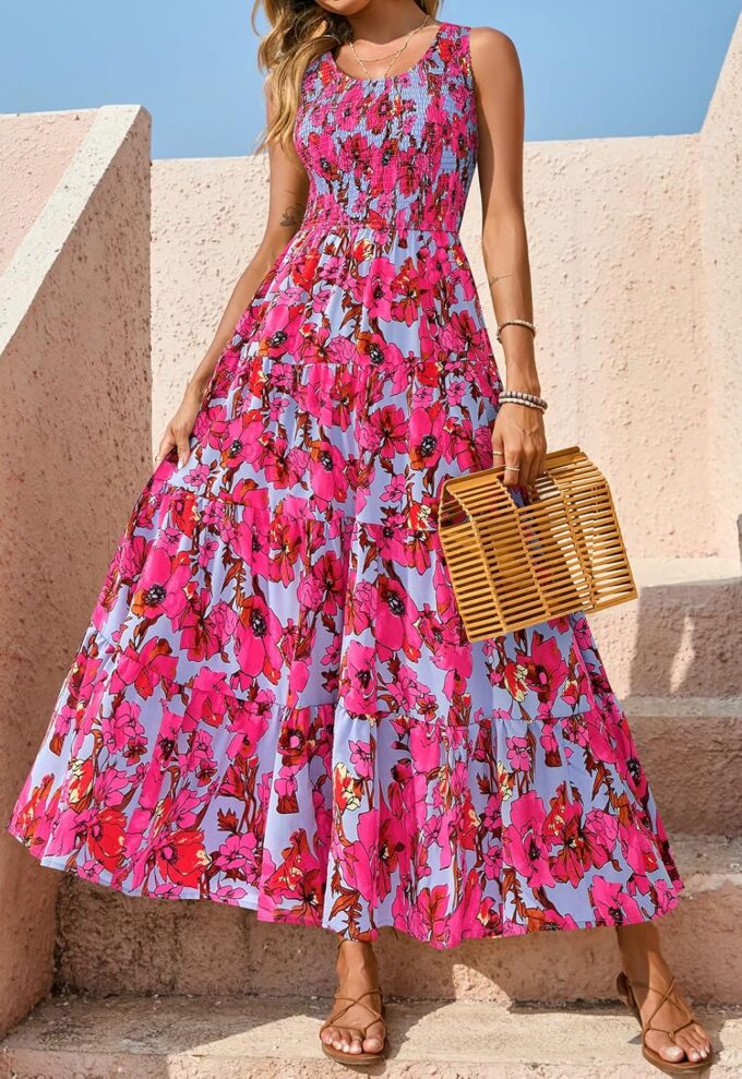 PRETTYGARDEN Smocked Tank Floral Maxi Dresses for Women 2025 Wedding Guest Dress Sleeveless Flowy Long Sundress with Pockets – Bild 5