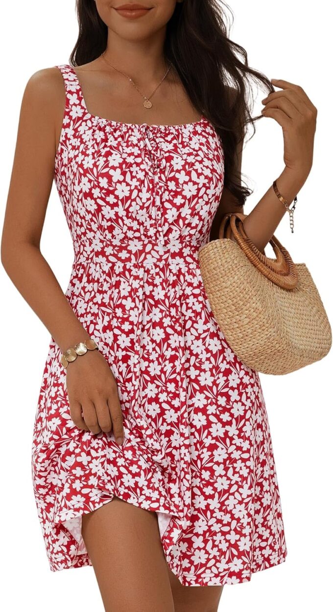 Loemes Women's Summer Cute Square Neck Mini Dress with Pocket Juniors Floral Sleeveless Tie Front Flowy Beach Sundress