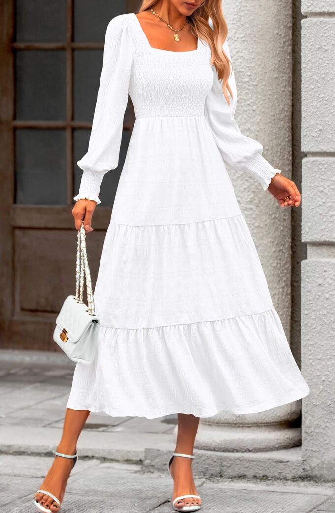 KIRUNDO Women Fall Wedding Guest Maxi Dress Elegant Puff Long Sleeve Summer Smocked Empire Waist Swing Flowy Long Dresses – Bild 3