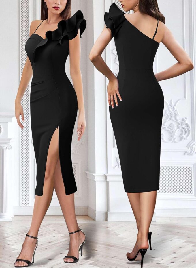 VFSHOW Women Ruffle One Shoulder Strap Ruched Cocktail High Slit Bodycon Dress Sexy Sweetheart Neck Short Wedding Guest Dress – Bild 2