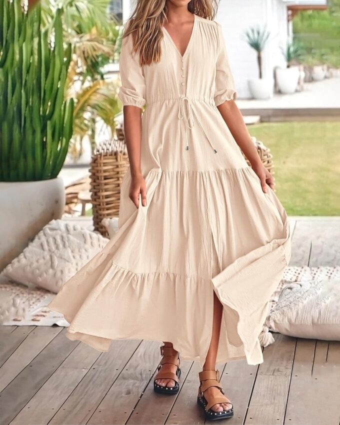 BTFBM Women Summer Dresses Short Sleeves V Neck Button Drawstring Maxi Dresses Solid Color Boho Long Dresses – Bild 3