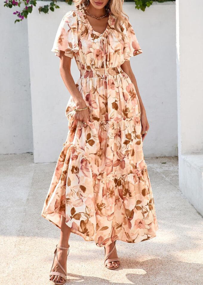 KIRUNDO Womens Summer Boho Floral Maxi Dress Flutter Short Sleeve V Neck Ruffle Tiered Flowy Beach Wedding Guest Dresses – Bild 5