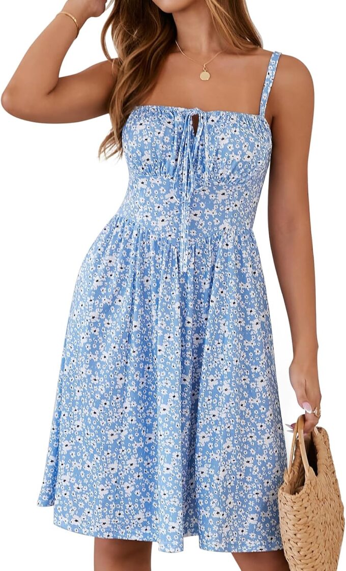 YATHON Summer Mini Corset Sun Dress for Women Short Casual Square Neck Lace Up Floral Beach Vacation Dresses with Pockets