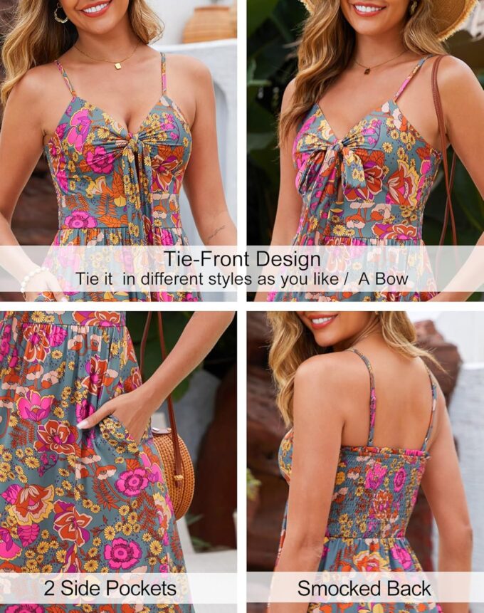 Kranda Women 2025 Summer Sundress High Waist Tie Front Spaghetti Strap Ruffle Long Beach Floral Maxi Dress with Pockets – Bild 4