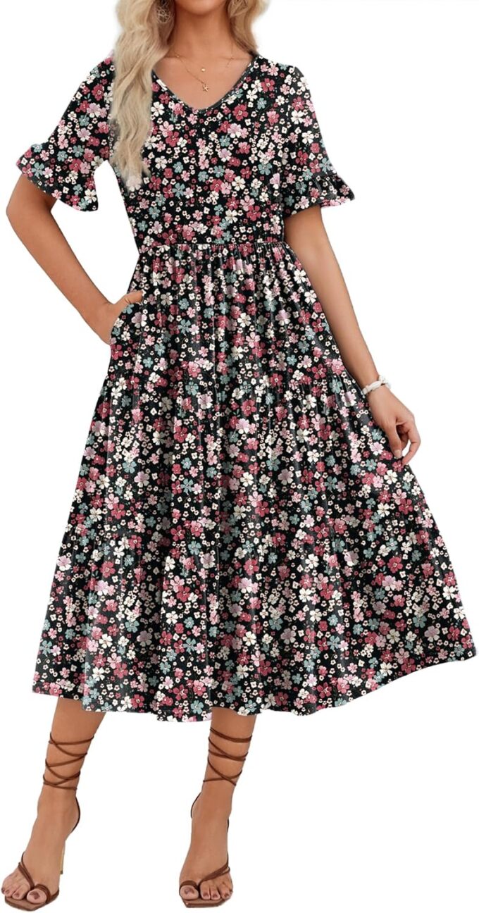 Zeagoo Women's Summer Dresses Midi Tiered Casual Dress Floral V Neck Ruffle Short Sleeve Flowy Beach Dress with Pockets