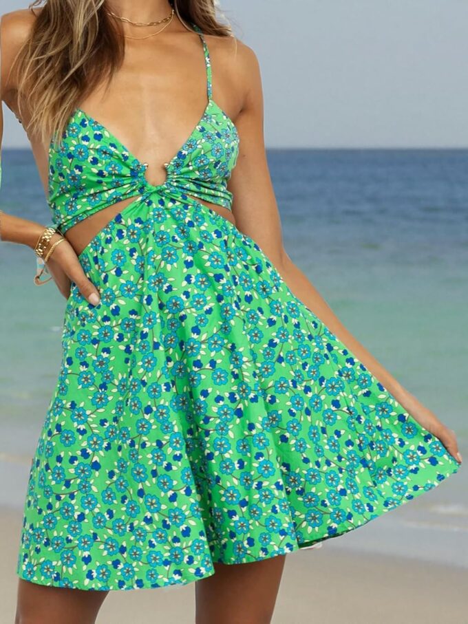 Womens Summer Floral V Neck Adjustable Spaghetti Casual Short Dress with Ring – Bild 5