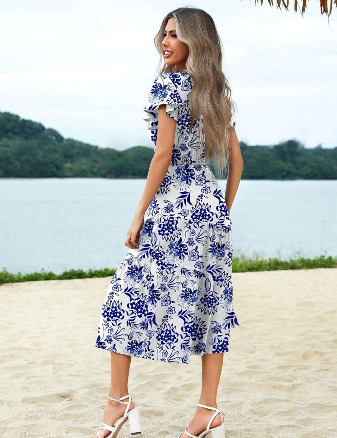Zeagoo Women's Summer Casual Dress Flutter Short Sleeve V Neck Button Down Tiered Flowy Long Dress with Pockets – Bild 6